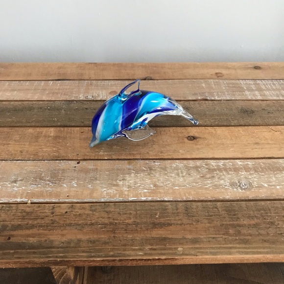 Glass Dolphin Figure Hand Blown Turquoise And Cobalt Blue Swirl Art - Picture 2 of 9